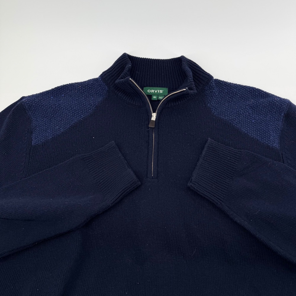 Orvis Merino Wool Blend Quarter Zip Sweater Textured Shoulder Navy XL